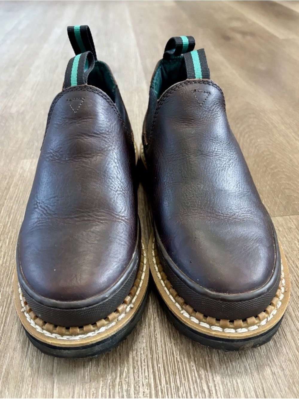 Georgia Boot Brown Leather Slip-On Ankle Boots with Green Pull Tabs